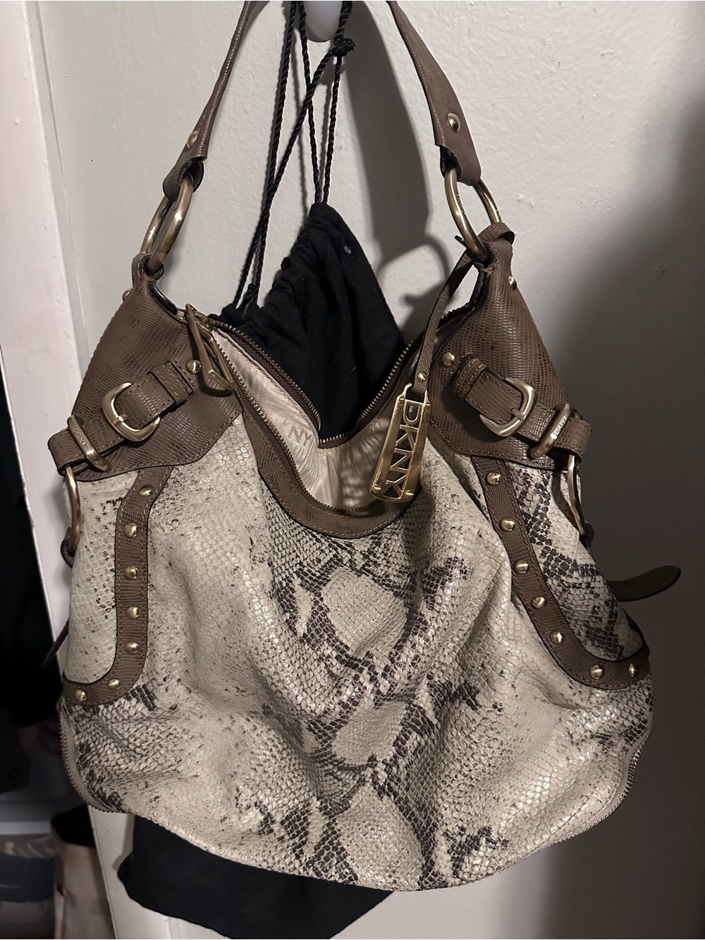 DKNY Brown and Cream Snake-Print Shoulder Hobo